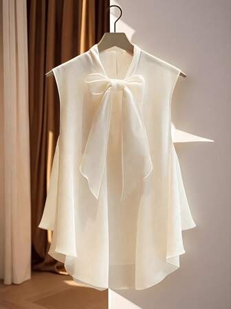 Women's Solid Color Sleeveless Blouse With Bowknot Collar And High-Low Hemline, Elegant Casual Summer Top