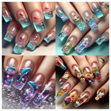 Upgrade Your Appearance; 24 Cute Nail Pressing Fake Nails 3D Dolphin Patch Nails - Square Medium Length Bright Face Fake Nails With Jelly Glue And Nail Files, Bright Purple Blue Dolphin Pattern With Bubbles And Stars, Women's Summer Nail Art, Fashionable And Durable Pressing Nail, Removable Fake Nail Patch, Suitable For Festivals, Parties, Friends' Gatherings, Daily Wear