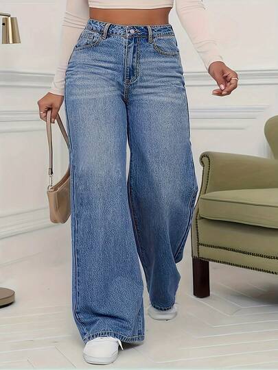 Women's Loose Wide-Leg Straight-Leg Denim Trousers - Slimming And Height-Increasing Jeans, Women's Retro Straight-Leg Floor-Length Pants, Versatile Casual Pants, Daily Commuting Perfect Pants