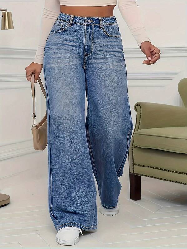 Women's Loose Wide-Leg Straight-Leg Denim Trousers - Slimming And Height-Increasing Jeans, Women's Retro Straight-Leg Floor-Length Pants, Versatile Casual Pants, Daily Commuting Perfect Pants