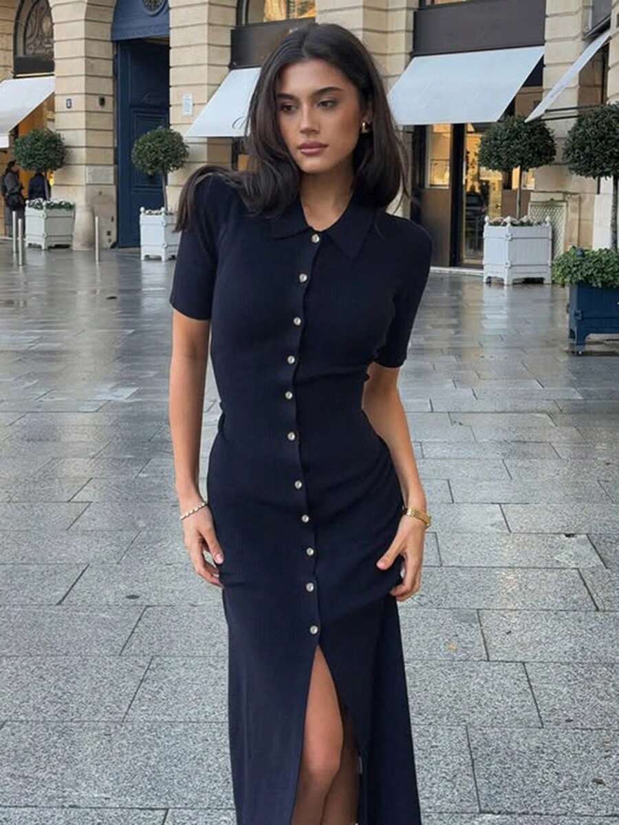 Váy len dệt kim đơn hàng khuy đơn thanh lịch cho nữ, váy midi dáng ôm cổ chữ V đơn giản, trang phục công sở mùa thu - Màu xanh lam - Xem 1