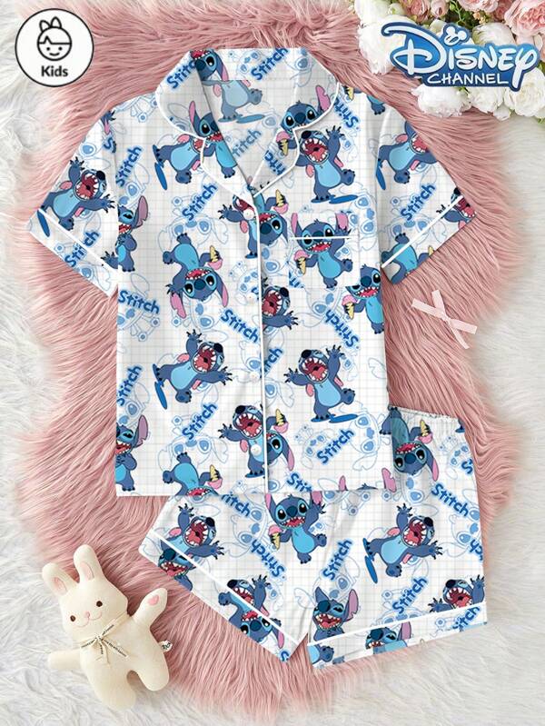Disney Conjunto de pijama de satén con diseño de Stitch de Disney, 2 piezas