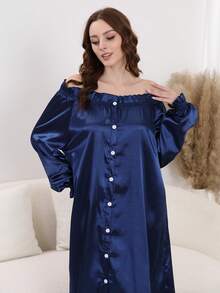 Satynowa koszula nocna z falbanką dla kobiet, rozkładana piżama z odkrytymi ramionami i długim rękawem, wygodna sukienka domowa, przytulne stroje