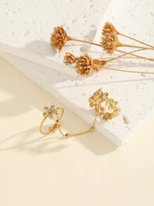 1PC Fashionable Unique Personalized Finger-Linked Stainless Steel Gold-Plated Open Adjustable Ring For Women Exquisite Waterproof Daily Wedding Party Jewelry Gift