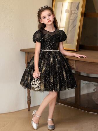 Girls' Black Short Tulle Star Print Party Dress