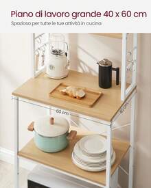 VASAGLE Scaffale da Cucina, Supporto per Forno a Microonde, Portaoggetti a 6 Ripiani con 6 Ganci per Bar, Struttura in Acciaio, Industriale, 40 x 60 x 167 cm, Colore Rovere e Bianco