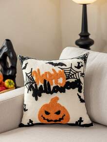1pc Halloween Ghost& Witch& Spider& Pumpkin Exquisite Embroidery Cushion Pillowcase, Decorated For Multiple Room Types And Sizes, Machine Washable, Zipper Closure, No Pillow Core Home Decor Halloween Decor Room Decor Pillow Case Pillow Cases Cushion Cover Cushion Covers