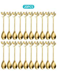 2/6/12/20pcs Stainless Steel Leaf Shaped Coffee/Dessert/Tea Spoons, School Supplies - Gold - View 8