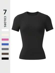 1 Piece Of Women's Solid Color Round Neck T-Shirt, Gym Clothing, Women's Sportswear, Indoor And Outdoor Casual Sportswear, Fitness Clothing, Workspace Clothing, Sportswear - 黑色 - 查看 1