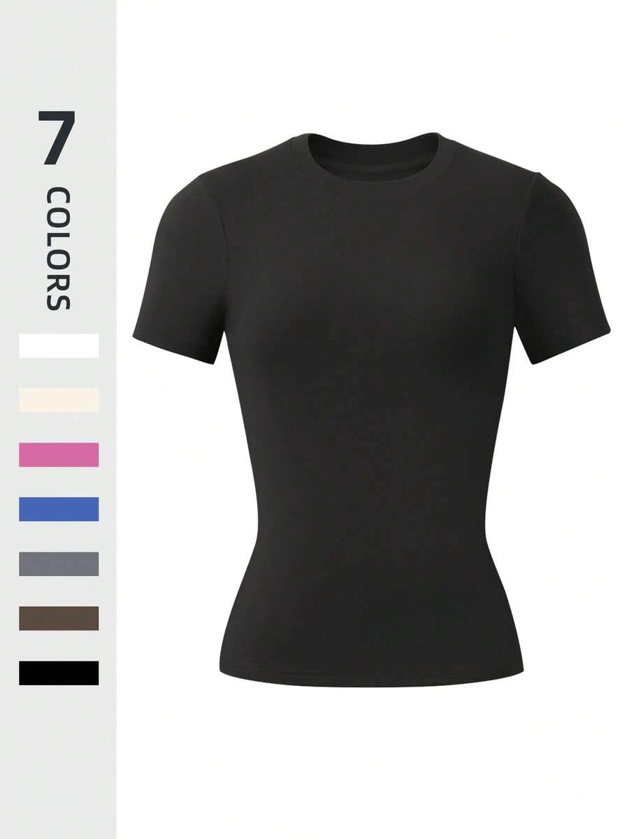 1 Piece Of Women's Solid Color Round Neck T-Shirt, Gym Clothing, Women's Sportswear, Indoor And Outdoor Casual Sportswear, Fitness Clothing, Workspace Clothing, Sportswear - 黑色 - 查看 1