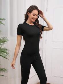 1 Piece Of Women's Solid Color Round Neck T-Shirt, Gym Clothing, Women's Sportswear, Indoor And Outdoor Casual Sportswear, Fitness Clothing, Workspace Clothing, Sportswear - 黑色 - 查看 4