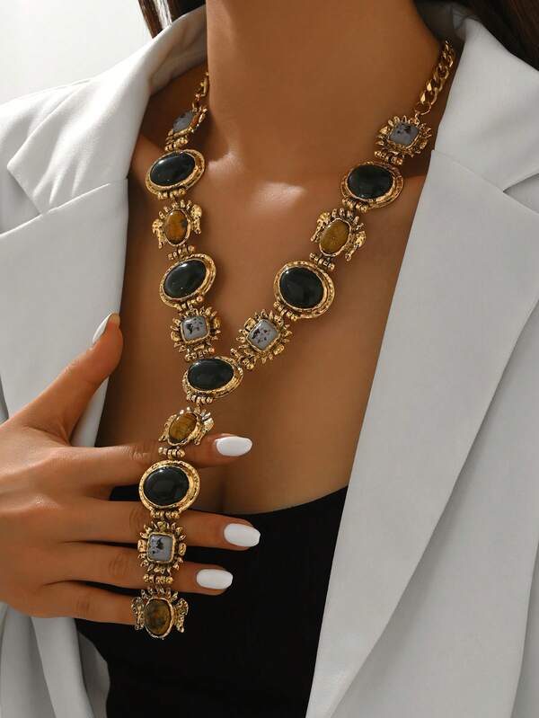 1pc Vintage Exaggerated Fashion Imitation Gemstone Y-Shaped Tassel Long Necklace, Chunky Jewelry, Baroque Style French Luxury Geometric Thick Gold Tone Sweater Chain Necklace, Suitable For Women's Daily, Banquet, Party Wear