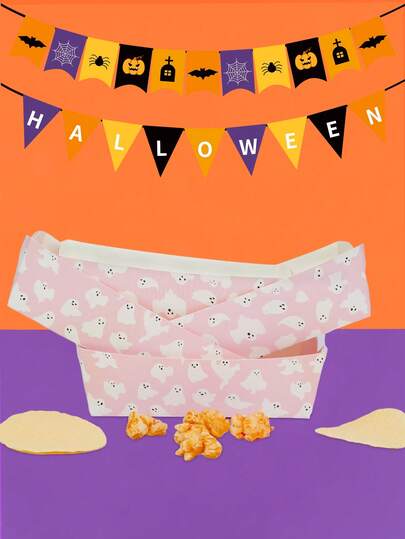 10pcs/20pcs/50pcs Pink Ghost Halloween Boat-Shaped Trays, Pink Ghost Plates, Cute Ghost Tableware, Snack Candy Popcorn Boxes, Birthday Party Sharing Snacks Fruit Desserts Halloween Party Decoration