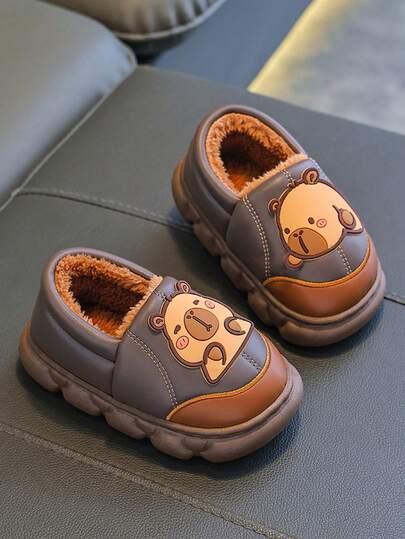 1 Pair Capa Bala Kids Winter Closed Toe Slippers, Boys Girls Warm Anti-Slip Cartoon Plush Lined House Shoes