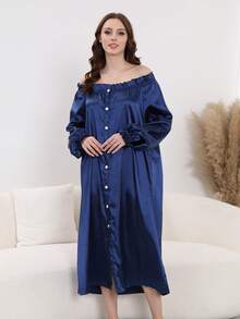 Satynowa koszula nocna z falbanką dla kobiet, rozkładana piżama z odkrytymi ramionami i długim rękawem, wygodna sukienka domowa, przytulne stroje