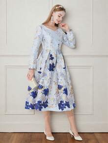 Luxurious Jacquard Elegant Long Sleeve Party Dress, Autumn/Winter