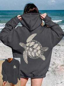 1 قطعة بلوزة كاجوال للفتيات المراهقات مطبوعة بسلحفاة البحر، عناصر ساحلية، ملابس طالبة شابة، كم طويل من الفليس السميك، خريف/شتاء - رمادي غامق - مشاهدة 1