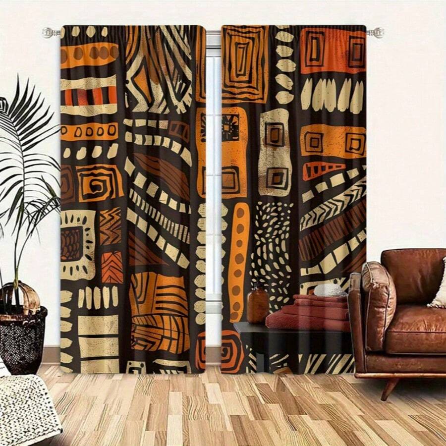 2pcs Bohemian Style Yellow Brown Geometric African Pattern Curtains - Rod Pocket Design, Privacy Protection, Easy Installation, Suitable For Bedroom, Living Room, Bathroom And Other Daily Decor, Machine Washable - Multicolor - View 1