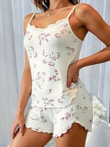 白色花卉图案女式无袖短裤套装 - 白色 - 查看 4