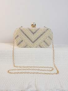 Geantă de mână mini cu perle brodate, cu perle, mari și mici, cu nasturi și perle, cu două fețe