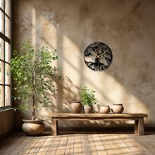 Tree Of Life Metal Wall Clock, Black Large Wall Clock, Silent Mid Century Wall Clock, Tree Clock, Modern Living Room Clock, Horloge Murale] Chic Metal Wall Wall Sculpture Detailed Cutout Metal Wall Decor Metal Tree Wall Decor Metal Wall Decor With Birds - 黑色 - 查看 9