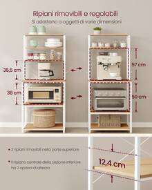 VASAGLE Scaffale da Cucina, Supporto per Forno a Microonde, Portaoggetti a 6 Ripiani con 6 Ganci per Bar, Struttura in Acciaio, Industriale, 40 x 60 x 167 cm, Colore Rovere e Bianco