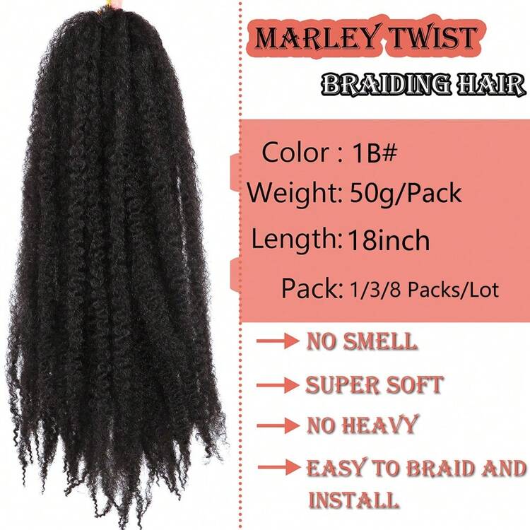 Marley Twist Braiding Hair 18 Inch Marley Twist Hair Long Cuban Twist Hair 1/3/8 Packs Ombre Blonde Afro Kinky Curly Twist Crochet Hair Synthetic Marley Hair Extensions - Black - View 2