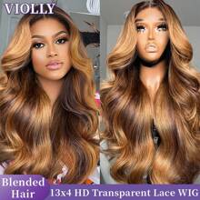 VIOLLY 亮点渐变色 13x4 大面积透明蕾丝前部手工编织真人发假发 200 密度 28 英寸长身体波浪蜂蜜金色巴西真人发混合假发 - 混合真人发和合成预拔发际线和预漂白隐形结适合女性在日常或节日场合佩戴假发 - SP4/27 - 查看 2