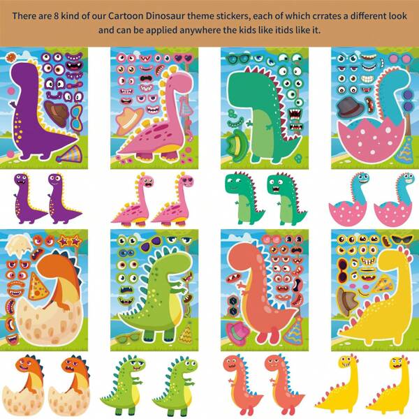8/32pcs Sheets Make A Face Stickers For Kids, 8 Different Cartoon Dinosaur Designs Stickers For Kids Birthday Party Favor Supplies Craft
