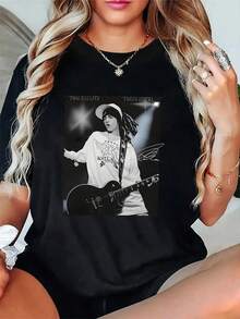 1pc Women's Black Tom Kaulitz Tokyo Hotel Graphic T-Shirt - Rock Music Style Short Sleeve Round Neck Casual Tee, All-Season Machine Washable Top For Adults, T-Shirt Stylish, Comfortable Fit Shirt - 黑色 - 查看 1