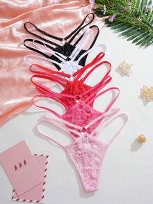 Set de 5 bragas tipo tanga de bikini de cintura baja, cómodas y con estilo romántico francés para mujeres
