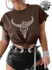 JOYY Rhinestone Shiny Long Horn Cow T-Shirt, Cow Skull Bohemian Style Unique Rhinestone Decor Women Loose Crew Neck Short Sleeve T-Shirt, Suitable For Outdoor Gatherings, Parties, All Seasons