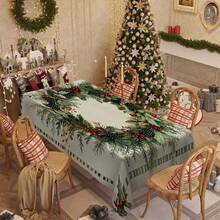 1pc Rectangular Tablecloth, Classic Red & Green Christmas Theme With Pine Branch & Berry Print, Suitable For Daily Family Gatherings, Living Room & Dining Room, Christmas Events, Durable Polyester Tablecloth, Stain Resistant