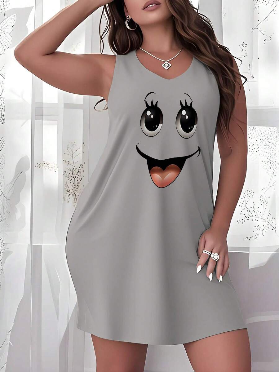 Women's Plus Size Nightgown Big Eyes Joyful Face Print Camisole Nightdress Casual Summer Vacation Clothing Gifts For Women Sleeveless Pajamas For Women Set - 灰色 - 查看 1