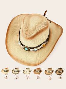 1 pieza Sombrero de paja tipo Panamá casual y bohemio con bloques de color, protección UV y a prueba de viento, versátil para hombres y mujeres, para todas las estaciones