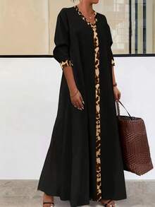 Elegant V-Neck Leopard Print Color Block Dress, Autumn - Black - View 3