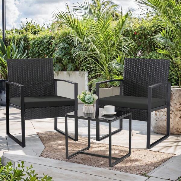 3 Pieces Patio Bistro Set, Wicker Outdoor Patio Furniture Set, Modern Rattan Patio Chairs With Coffee Table, Patio Conversation Sets For Balcony, Front Porch, Garden, Poolside