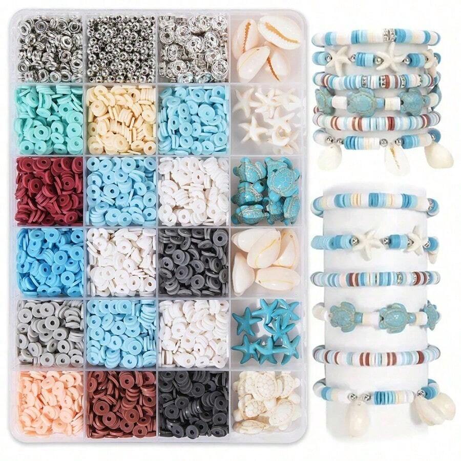 طقم صنع مجوهرات عطلة البحر، أخضر مزرق، يشمل أحجار طبيعية، صدف، سلاحف، وخرز من الطين البوليمري، حرفة سوار DIY إبداعية للأطفال