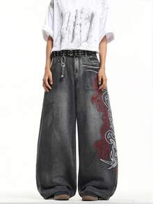 1 chiếc quần jeans Infinite Jeans kiểu Hồng Kông, thêu hoa 3D, thời trang, đa năng, dáng rộng, ống rộng, đã qua xử lý giặt, dành cho nam (Sản phẩm không bao gồm thắt lưng và phụ kiện) - màu đen - Xem 3