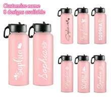 1pc 18oz Custom Text Pink Water Bottle Personalized Tumbler With Straw Stainless Steel Insulated Sport Water Bottle With Straw Lid & Handle, Multiple Styles Available, Customized Cup Gifts For Women Birthday Anniversary Christmas - 黑色 - 查看 1