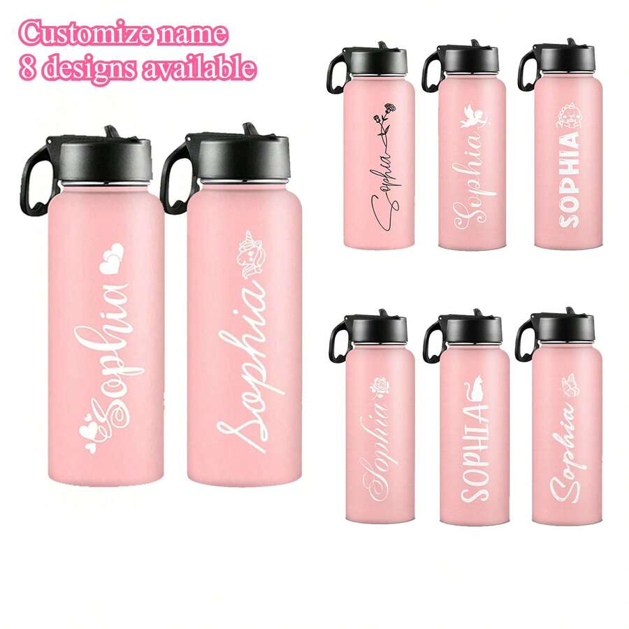 1pc 18oz Custom Text Pink Water Bottle Personalized Tumbler With Straw Stainless Steel Insulated Sport Water Bottle With Straw Lid & Handle, Multiple Styles Available, Customized Cup Gifts For Women Birthday Anniversary Christmas - 黑色 - 查看 1