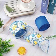 2 Rolls, Lemon Wired Edge Ribbon - Blue Tile Lemon Floral Craft Ribbon With Stitched Edges, Durable Polyester For Summer Birthday Gift Wrapping, Wreath & DIY Crafts