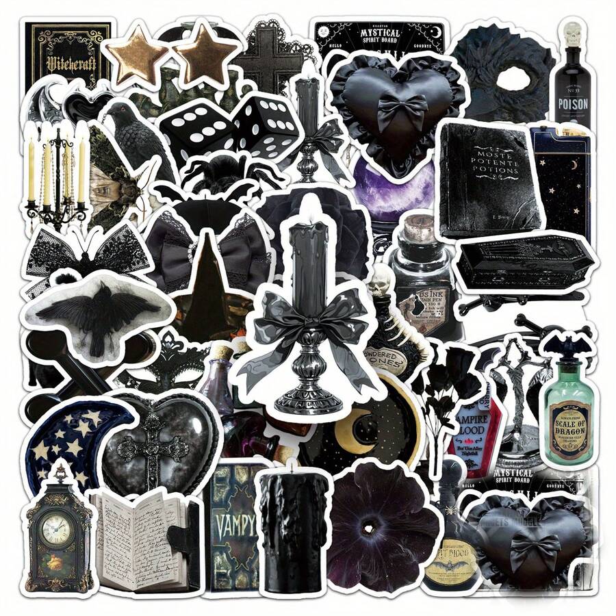 50pcs Gothic Sticker Pack, Dark Style Stickers, Witch Stickers, Black Stickers, Cartoon Stickers, Aesthetic Stickers, Retro Stickers, Vinyl Sticker Set - Reusable For Laptop, Water Bottle, Skateboard Etc. - Vivid Cartoon Design, Suitable For Scrapbooking And DIY