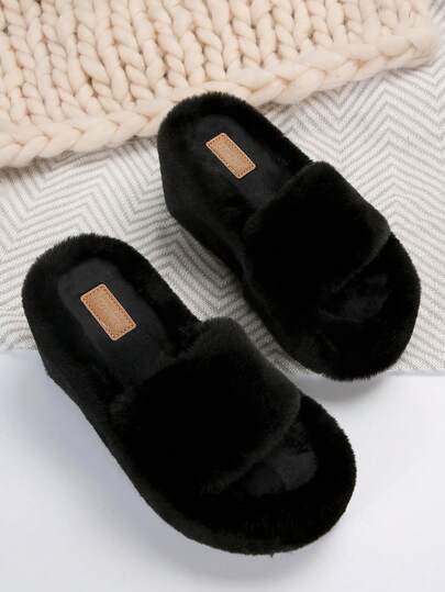 Women's Spring/Autumn Casual Cute Fluffy Faux Fur Lined Slip-On Slippers, Thick Platform Wedge Heel, Suitable For Indoor & Outdoor Wear