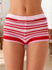 Women's Knitted Shorts Casual Stylish Colorful Contrast Striped Elastic Mid Rise Shorts - Red - View 3