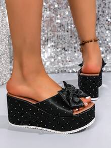 2025 女士凉鞋，性感豹纹蝴蝶结厚底坡跟凉鞋，女士时尚圆头一脚蹬高跟舒适凉鞋，春夏休闲日常派对必备，与连衣裙完美搭配 - 黑色 - 查看 6