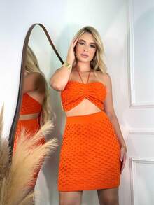 Women's Modal Knit Set With Relief Scales, Top And Skirt, Summer Knit - Orange - View 2