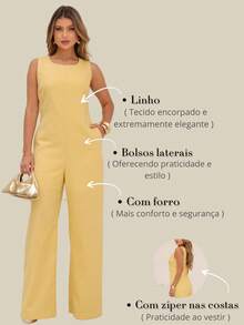 Elegant Linen Wide Leg Jumpsuit With Discreet Pockets - Yellow - View 6