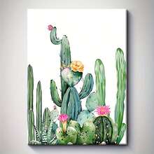 1pc 30*40cm(12*16inch) Framed Solid Wood Frame Canvas Wall Art Fresh Green Watercolor Cactus Print, Waterproof And Durable Modern Bohemian Style Living Room, Bathroom Decor, Spring Home Aesthetic, Indoor Wall Art Bright Wall Art Durable Canvas, Flat Surface, Perfect For Room Decoration