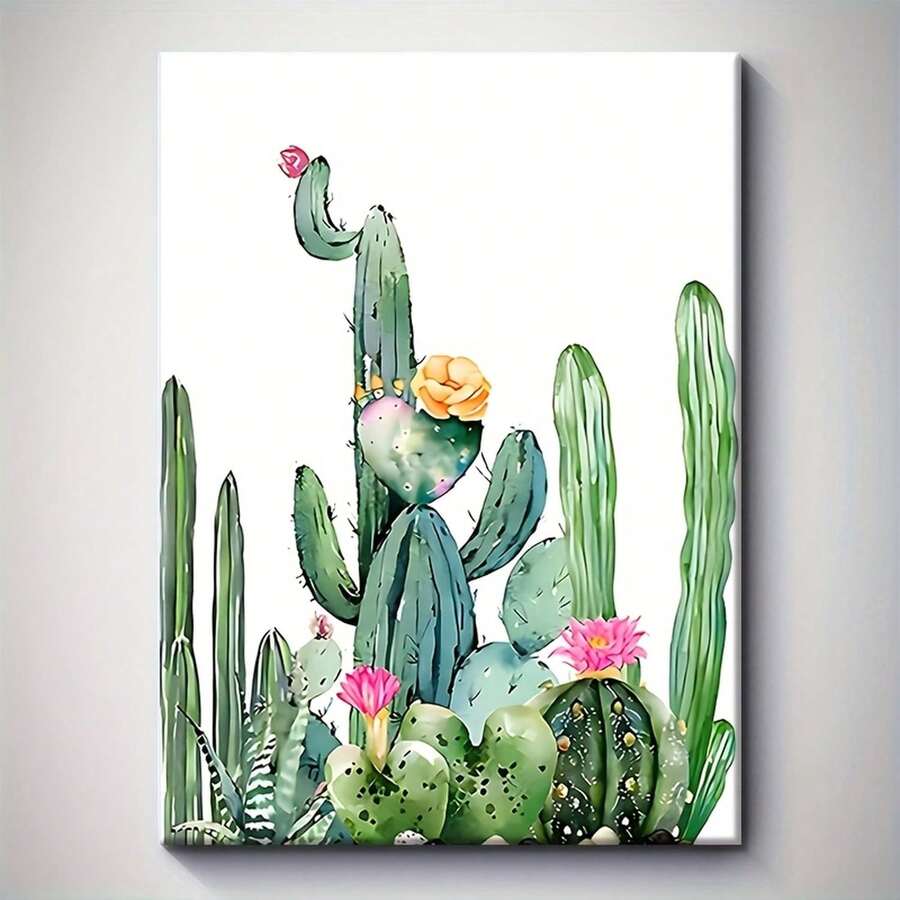 1pc 30*40cm(12*16inch) Framed Solid Wood Frame Canvas Wall Art Fresh Green Watercolor Cactus Print, Waterproof And Durable Modern Bohemian Style Living Room, Bathroom Decor, Spring Home Aesthetic, Indoor Wall Art Bright Wall Art Durable Canvas, Flat Surface, Perfect For Room Decoration